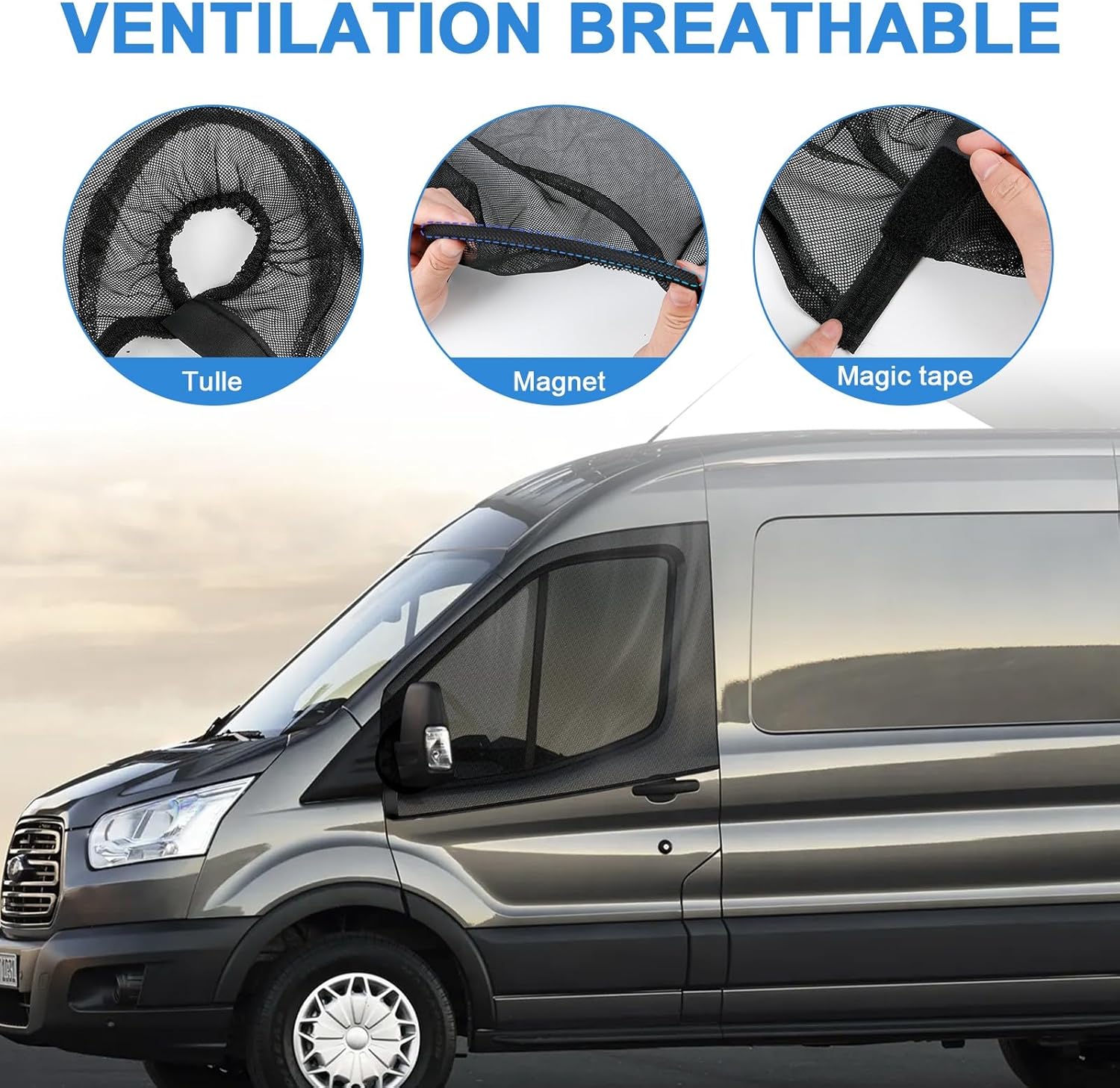 Magnetic Van Window Screens, 47 x 33 inches Front Door Bug Screens (Pair), Universal Size for Transit Van, Promaster, Sprinter and Other Vans & Cars, Keeps Bugs Out Magnetic Bug Mesh, Easy to Install