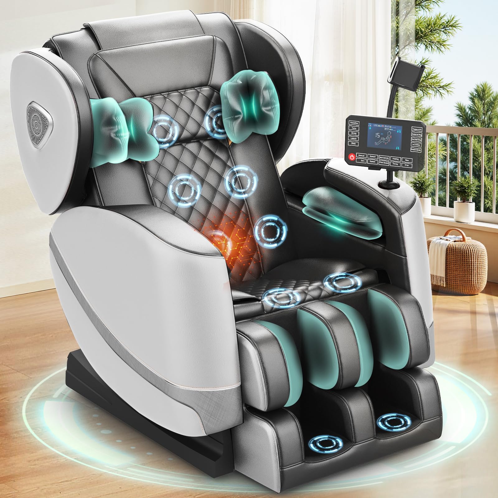 F FURNIMAT Massagesessel, Ganzkörper-Massagestuhl mit 14 Rollen, 8 Komfort-Luftkissen & Zero Gravity– Bluetooth Lautsprecher, Touchscreen, Handyhülter, Wärme für Lenden und Beine