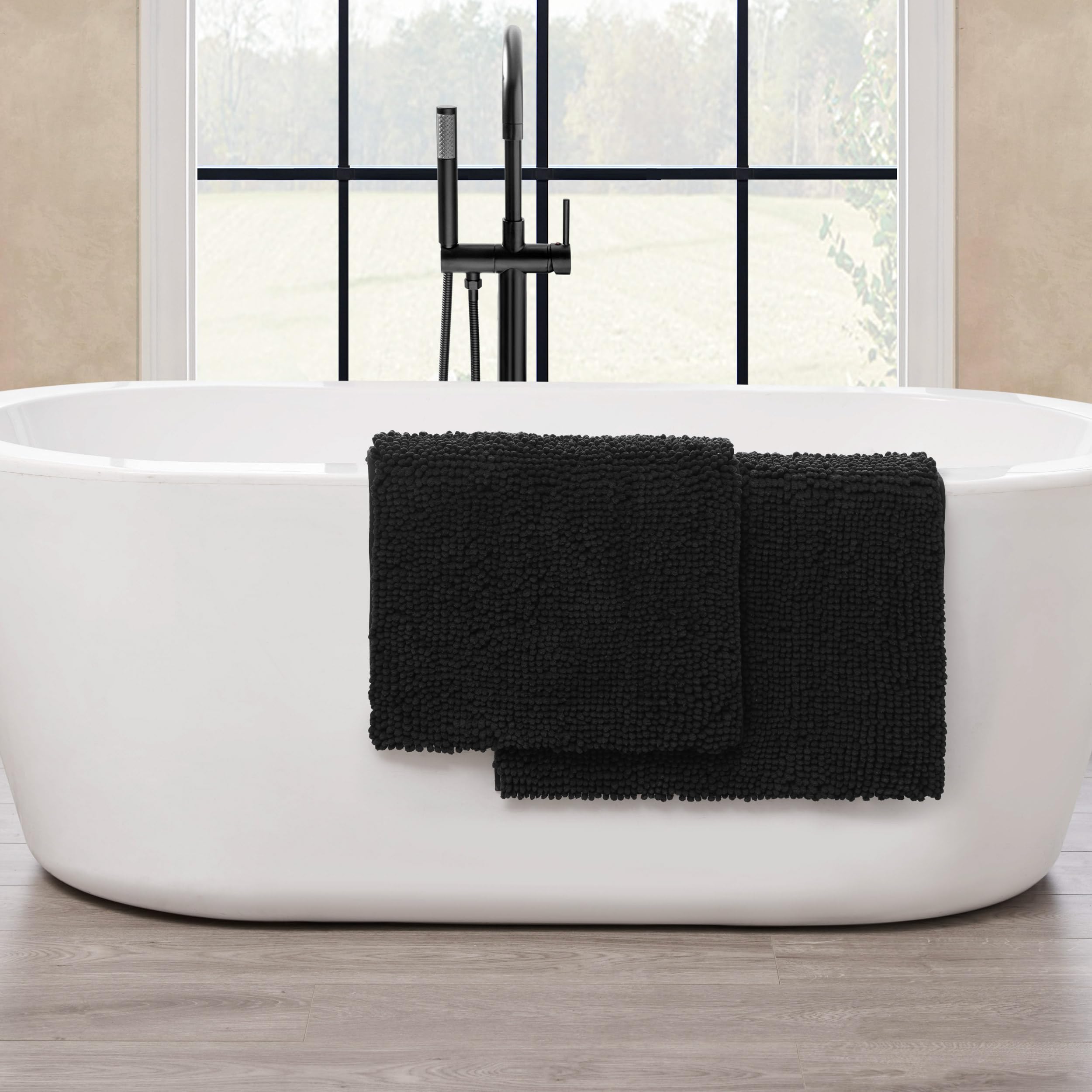 Resort-Kollektion Creative Home Ideas Plüsch-Badezimmerteppiche, Chenille, 2-teiliges Set, rutschfeste Unterseite und maschinenwaschbar, schwarz, 43,2 x 61 cm und 53,3 x 86,4 cm