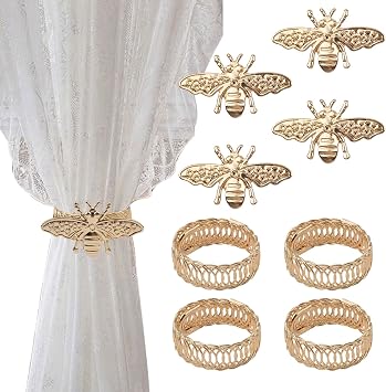 Curtain Tiebacks, 4 Sets Alloy Drapery Holdback Modern Simple Style Curtain Tie Backs Strenchy Wire Rope Curtain Straps for Home Decor Gold Bee