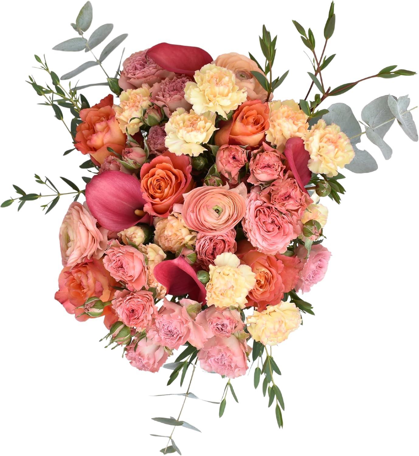 Sunset Harmony | Orange, Cherry, Coral, Peach, Green Arrangement with Vase | Arabella Bouquets | Real Fresh Flowers for Delivery, Birthday, Congratulations, Anniversary, Thank You