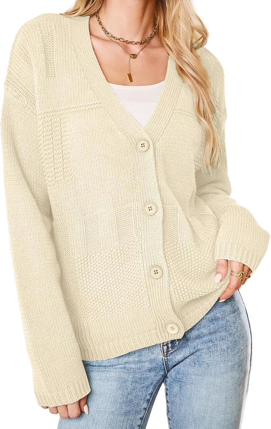 Dokotoo Cardigan for Women V Neck Open Front Button Down Long Sleeve Cable Knit Sweaters Tops