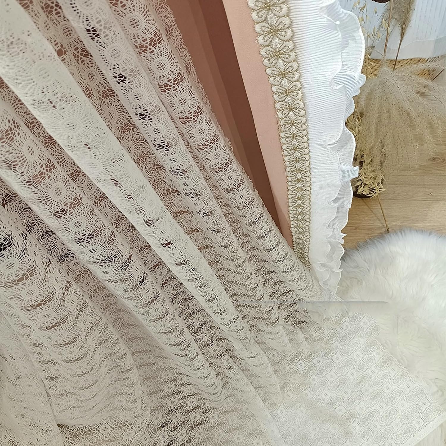 Daesar Voile Curtains 2 Panels Set, Polyester Rod Pocket Transparent Curtains 52" W x 63" H Drapes Solid Color Hollow Lace Sunflowers Beige Tulle Curtains for Bedroom Living Room