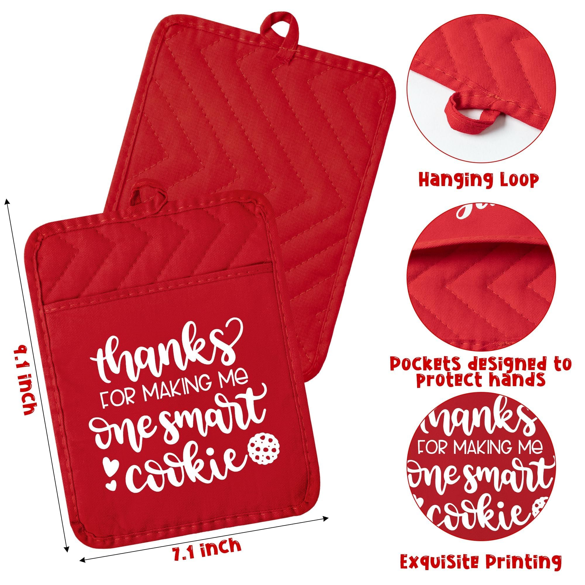 GROBRO7 3Pcs Teacher Thank You Gift Pot Holder with Laser Engraved Wood Spoon Greeting Card Thanks for Making Me One Smart Cookie Heat Resistant Hot Pad Back to School Teachers Appreciation Week Gifts