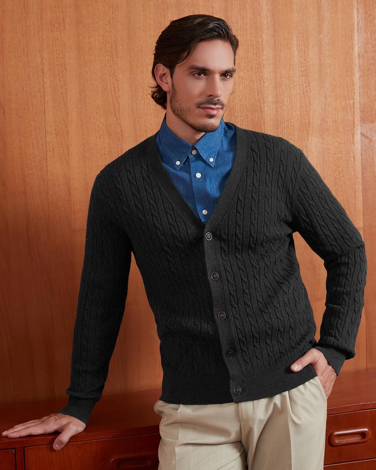 Kallspin Men’s Pure Cotton Cable Knit Cardigan V Neck Button Down Sweater Classic Casual Knitwear - Image 3