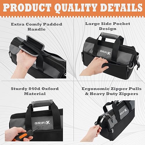 Miniatura 7 de Bolsa de herramientas de 15 pulgadas, organizador de almacenamiento de herramientas de boca ancha con bolsillo grande, cremallera ergonómica y mango
