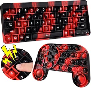 Large Bubble Game Console 2PCS Silicone Push Pop Bubble Fidget Sensory Toys Game Controller+Keyboard, Alphabet Number Learning Stress Reducer Anxiety Relief Popper Toys (Red Tie-Dye Camouflage)