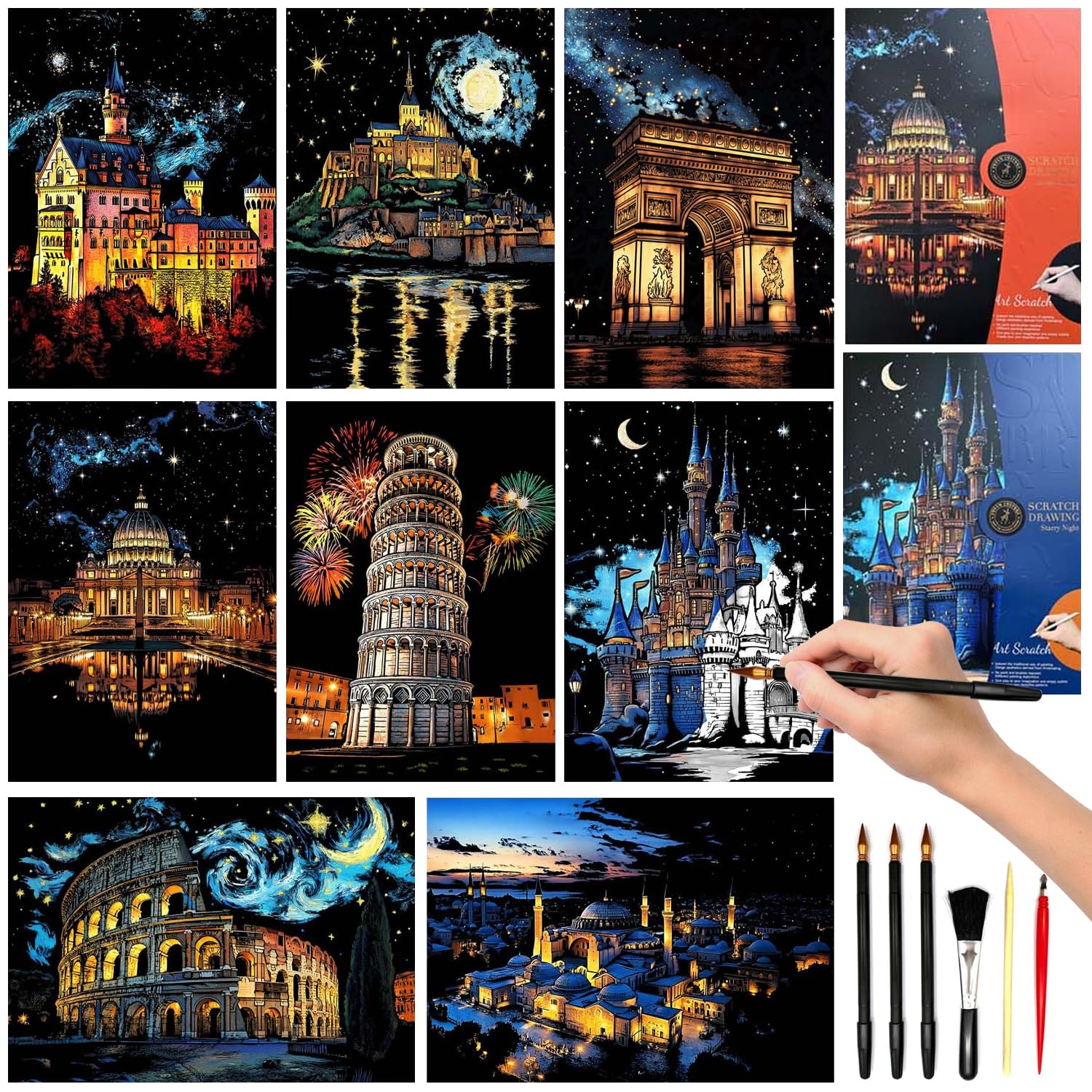 Kit complet de 8 outils pour la gravure à gratter, Collection Ville - Monuments - Scène nocturne - Planches à gratter à faire soi-même - Kit créatif pour adultes et enfants