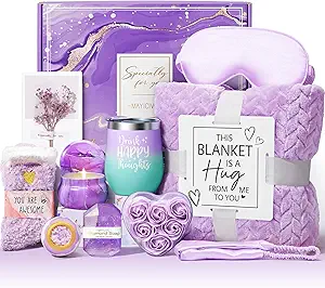 Birthday Gifts for Women Self Care Gifts Get Well Soon Gifts, Lavender Relaxing Spa Gifts Basket Care Package w/ Luxury Flannel Blanket, Unique Mothers Day Gifts Idea for Mom Her Friend Sister Wife