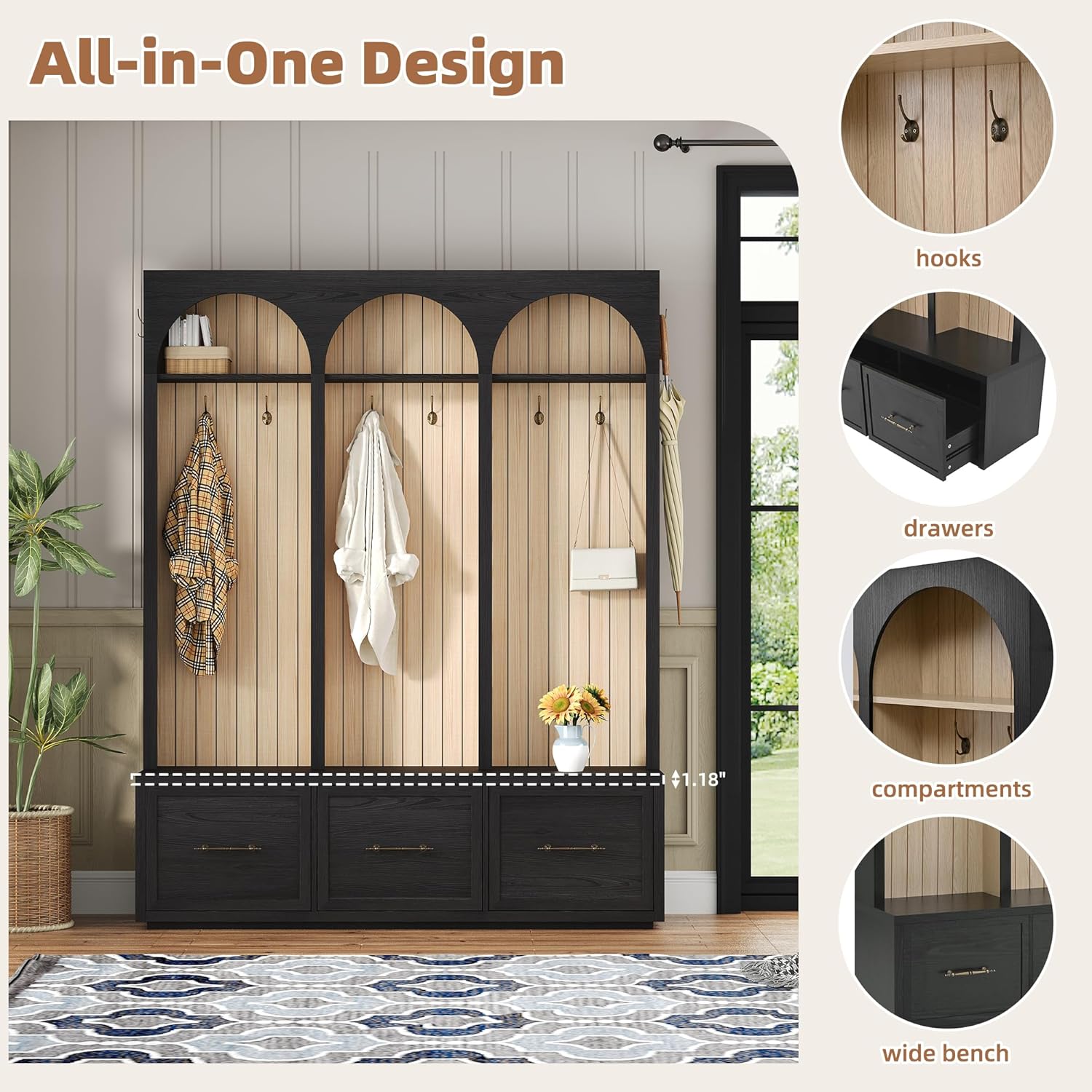 59" Farmhouse Hall Tree with Bench - Rustic Wooden Entryway Organizer with 8 Coat Hooks, 3 Storage Drawers & Shoe Shelf, Arched Design for Mudroom, Living Room (Black)