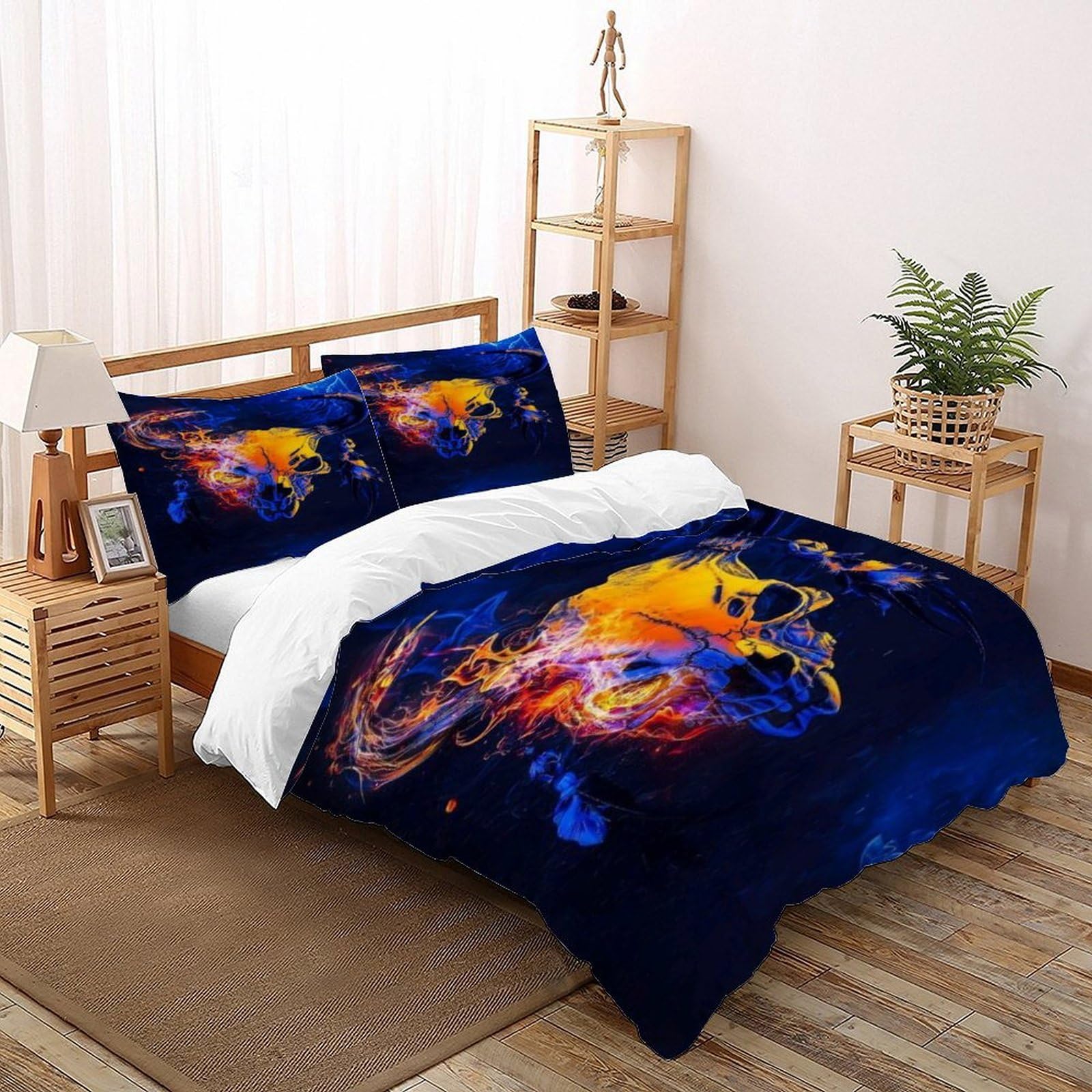 Housse de couette crâne et flammes super king 260x220 cm avec 2 taies d'oreiller lit double gothique