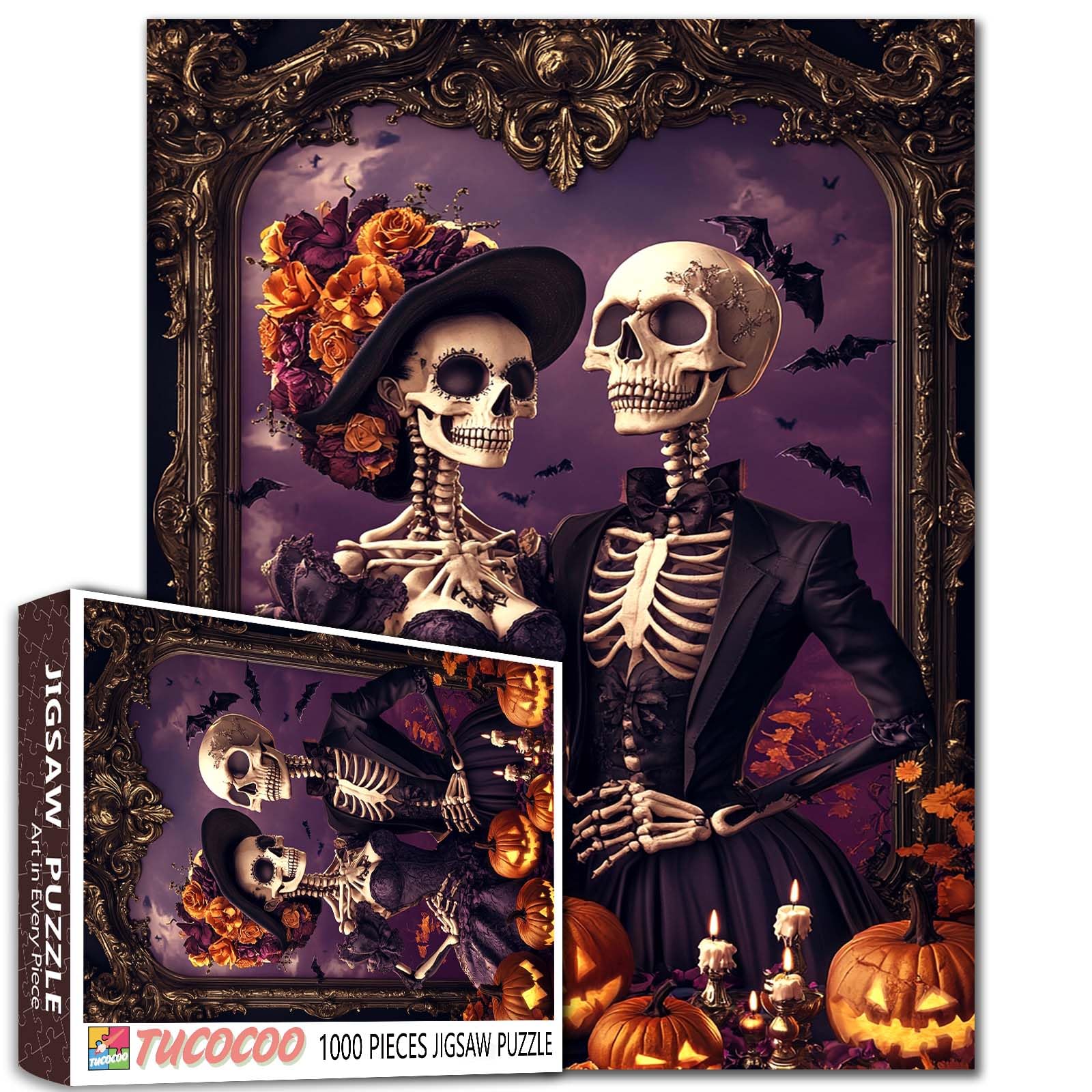 Romantic Skeleton Couple Gothic Halloween 1000 Piece Jigsaw Puzzle for Adults Fall Horror Aesthetic 20×27 Inches Unique Spooky Puzzles for Halloween Decor Creepy Art Gift for Lovers and Collectors