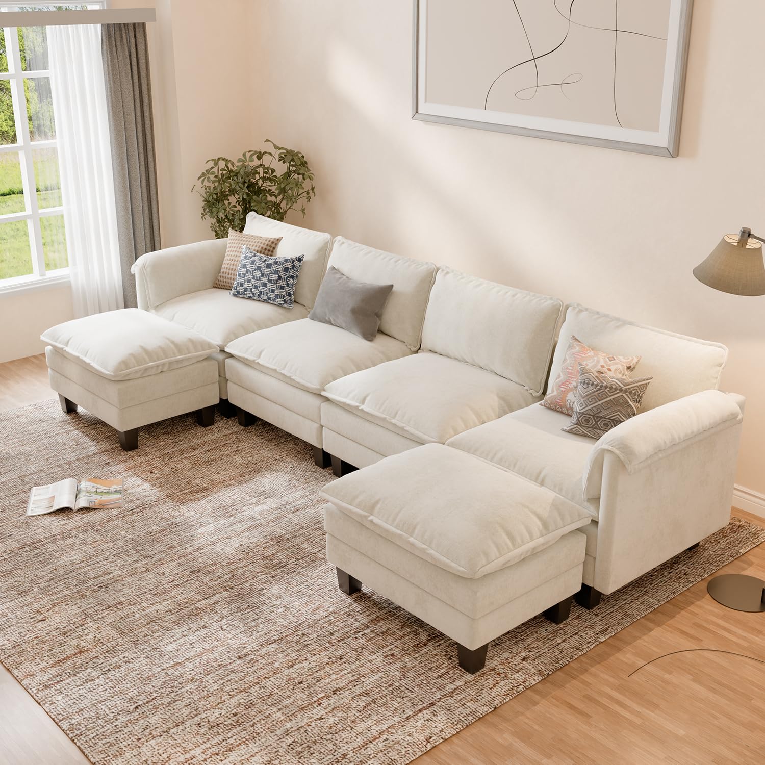 ELUCHANG Sofá Nube Modular 256cm con 2 Pufs, Sofá en Forma de U de 3 Plazas, Asiento Profundo 62cm, Montaje sin Herramientas, Sofá de Chenilla para Salón, Beige