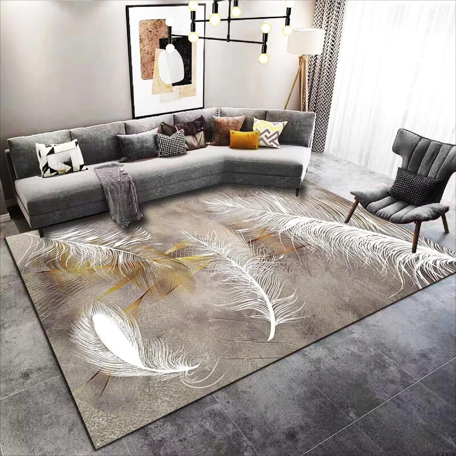 Tapis de salon moderne 120x180cm chic à motif plumes