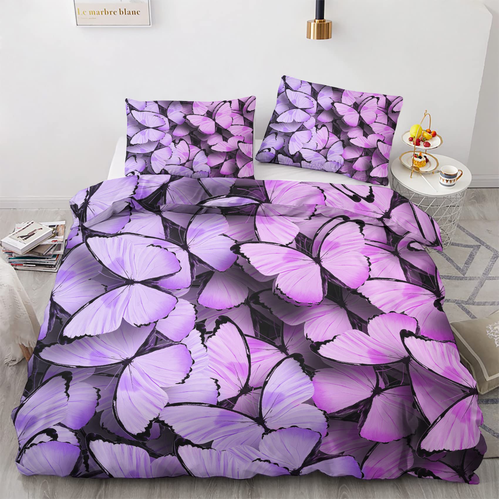 Nogawa Aoi13 Butterfly King Size Duvet Cover Sets, Purple Printed Bedding Set 3 Pcs, Ultra Soft Microfibre Quilt Cover & 2 Pillowcases With Zipper Closure 230X220