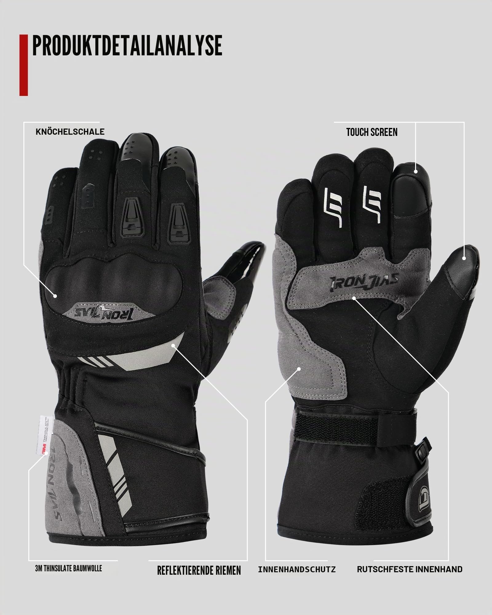 IRON JIA'S Motorradhandschuhe Winter Herren,Warm Winter MotorradHandschuhe,wasserdichte,Touchscreen winterhandschuhe mit Knöchelschutz,für Winter Outdoor Sportarten,Motorrad,Skifahren