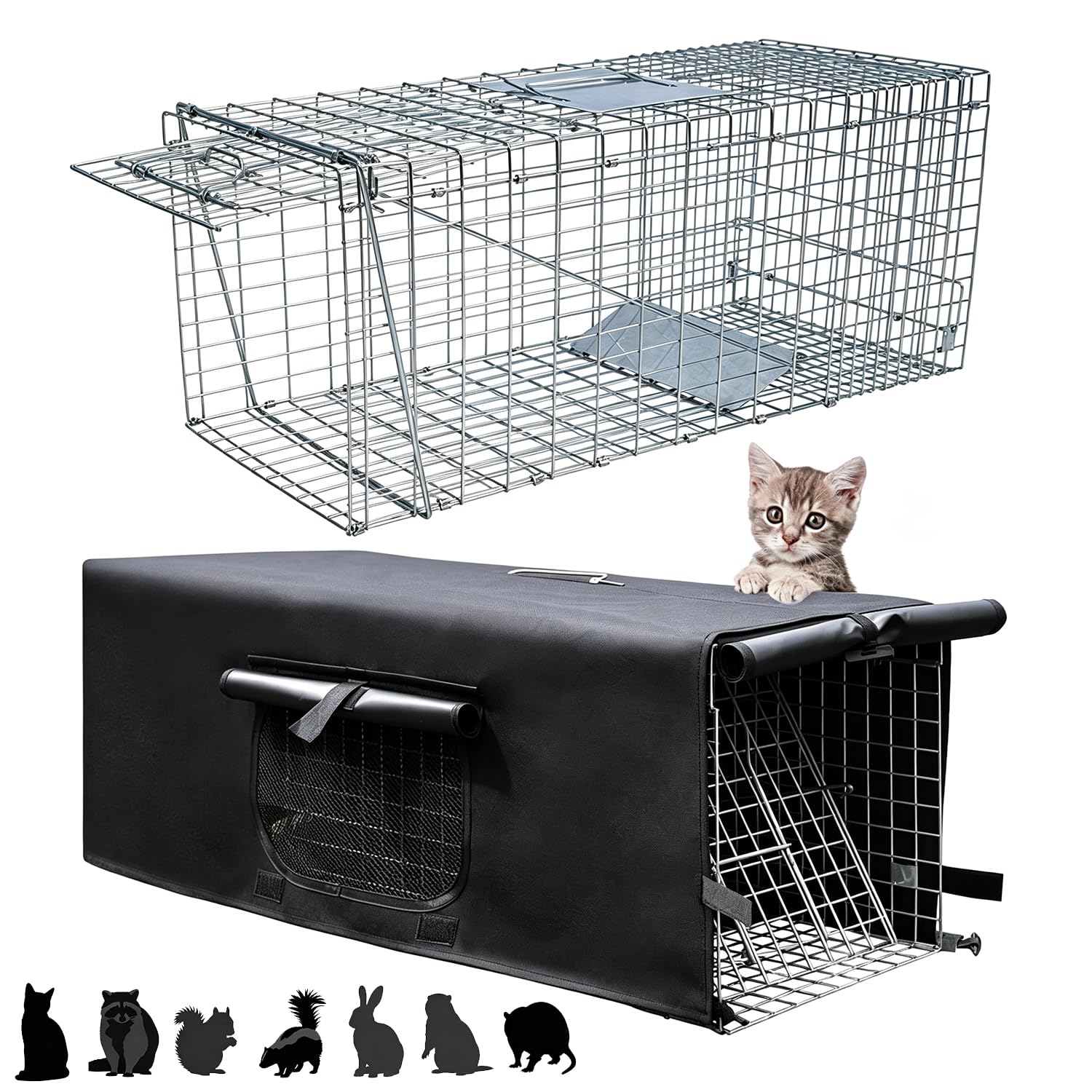 Jaula de trampa para animales vivos con cubierta, trampa para gatos callejeros, trampa para mapaches con puerta real plegable para mapaches, zarigüeyas, marmotas, zorrillos, gatos salvajes, ardillas
