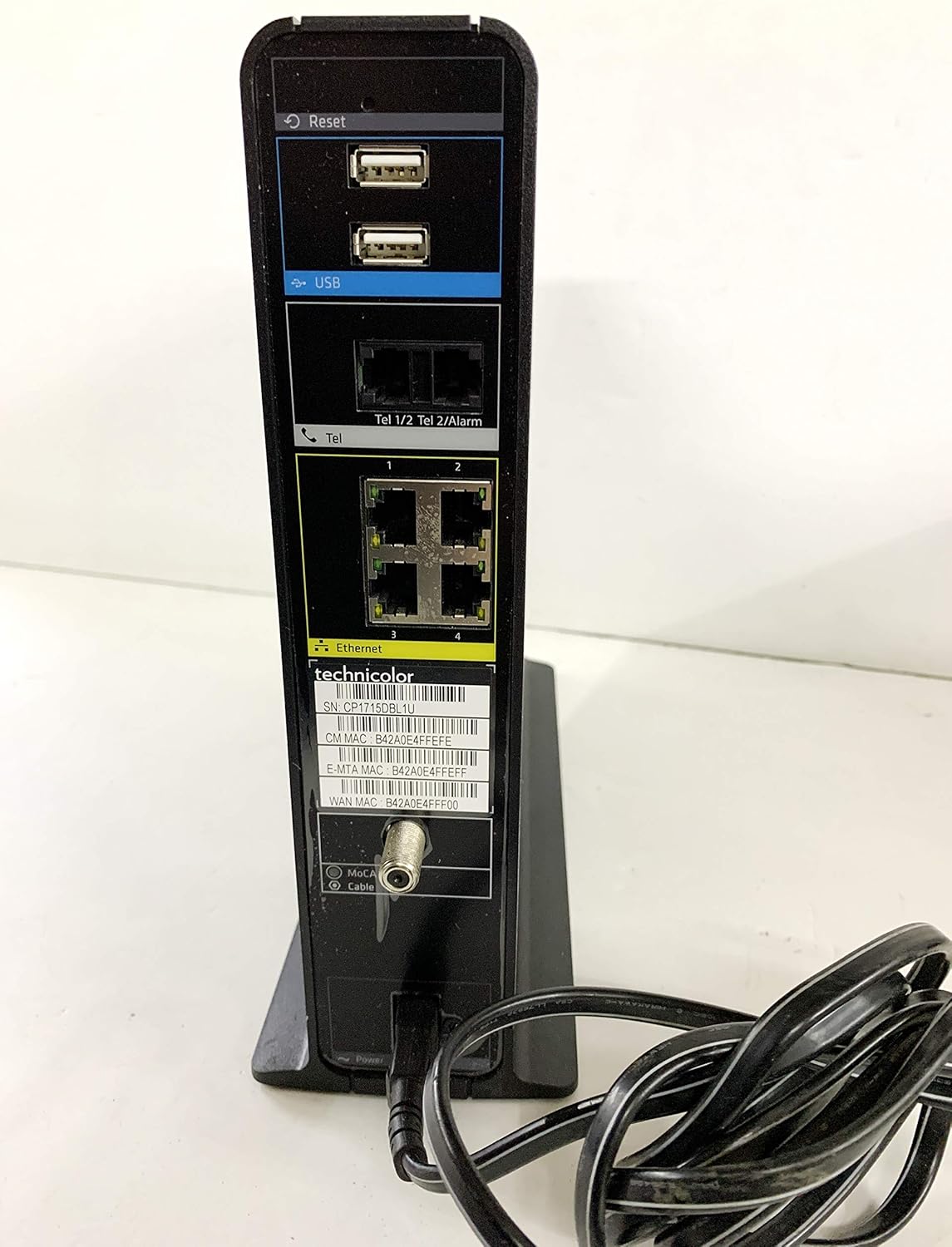 posterior view of the Technicolor TC8717T modem router showing all ports and labels.
