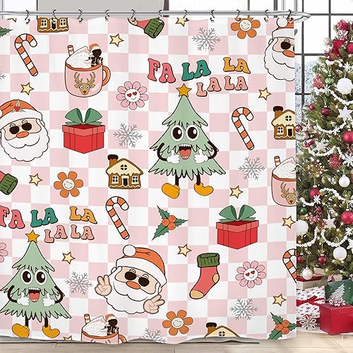 Groovy - Cortina de ducha navideña de los años 70, 60 pulgadas de ancho x 72 pulgadas de largo, retro, bonita, colorida, moderna, hippie, juego de