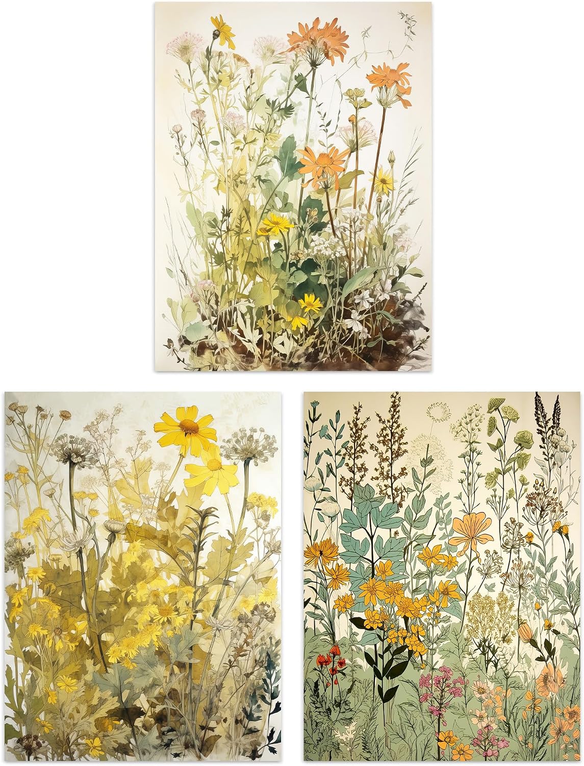 Amazon.com: Artery8 Set of 3 Wildflowers Vintage Pastel Colour Floral ...