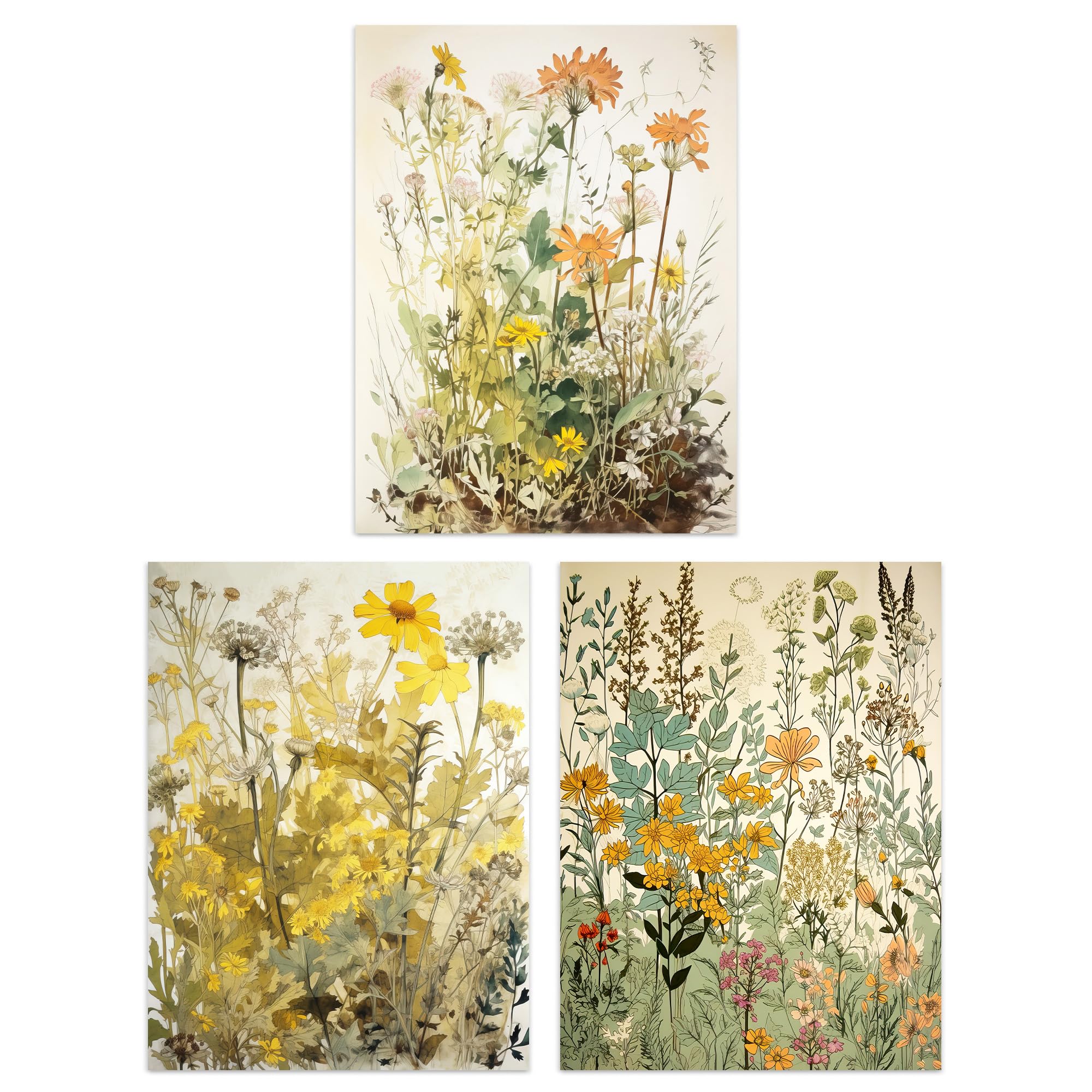 Artery8 Soft Ochre Wildflowers - Set Of 3 Set Of 3 A4 Wildflowers Vintage Pastel Colour Floral Artworks Yellow Pink Teal Spring Flower Field Unframed Wall Art Living Room Poster Prints Pack