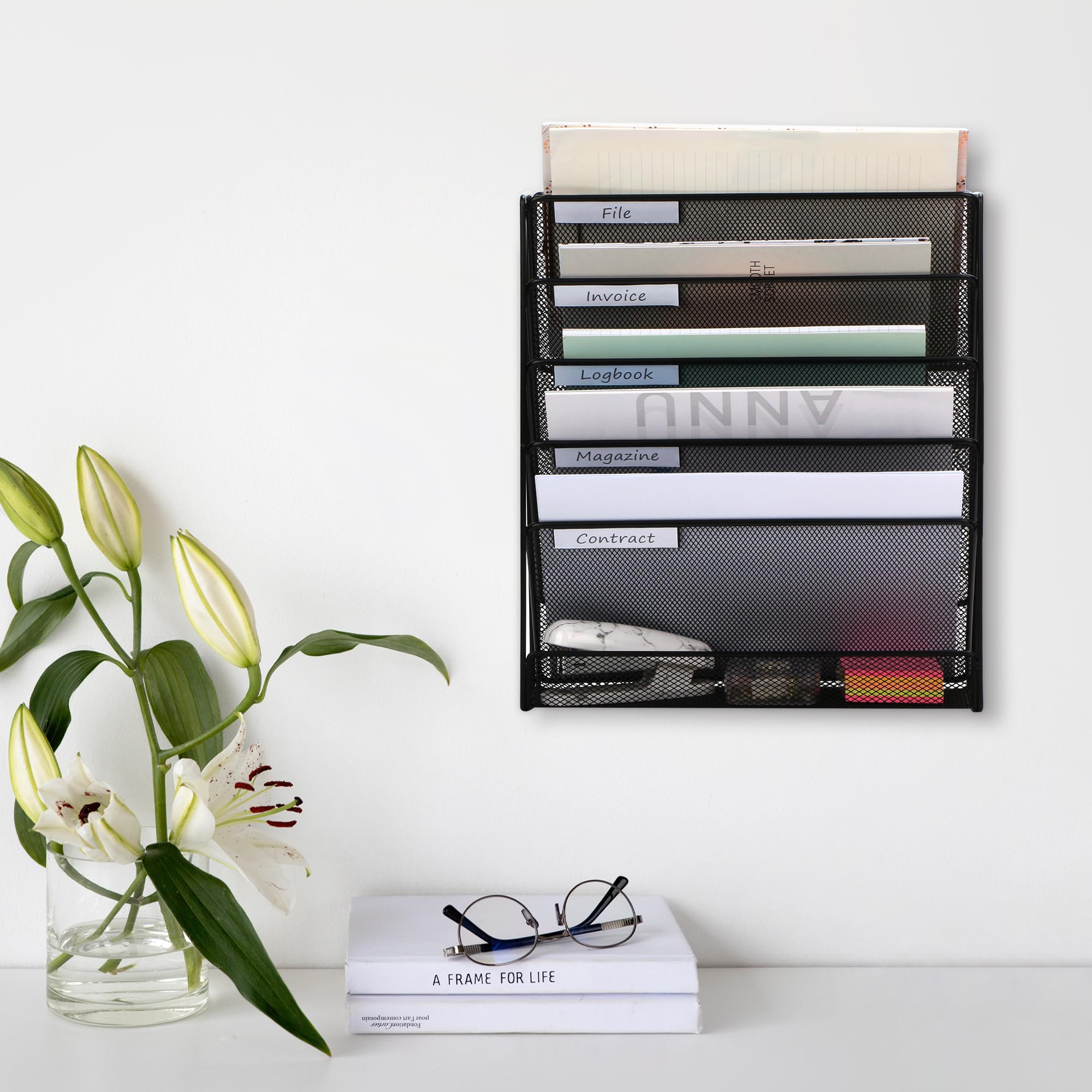 Exerz Revistero para Colgar de 5 Capas, Portafolletos de Pared A4, Organizador de Archivos de Oficina - Negro