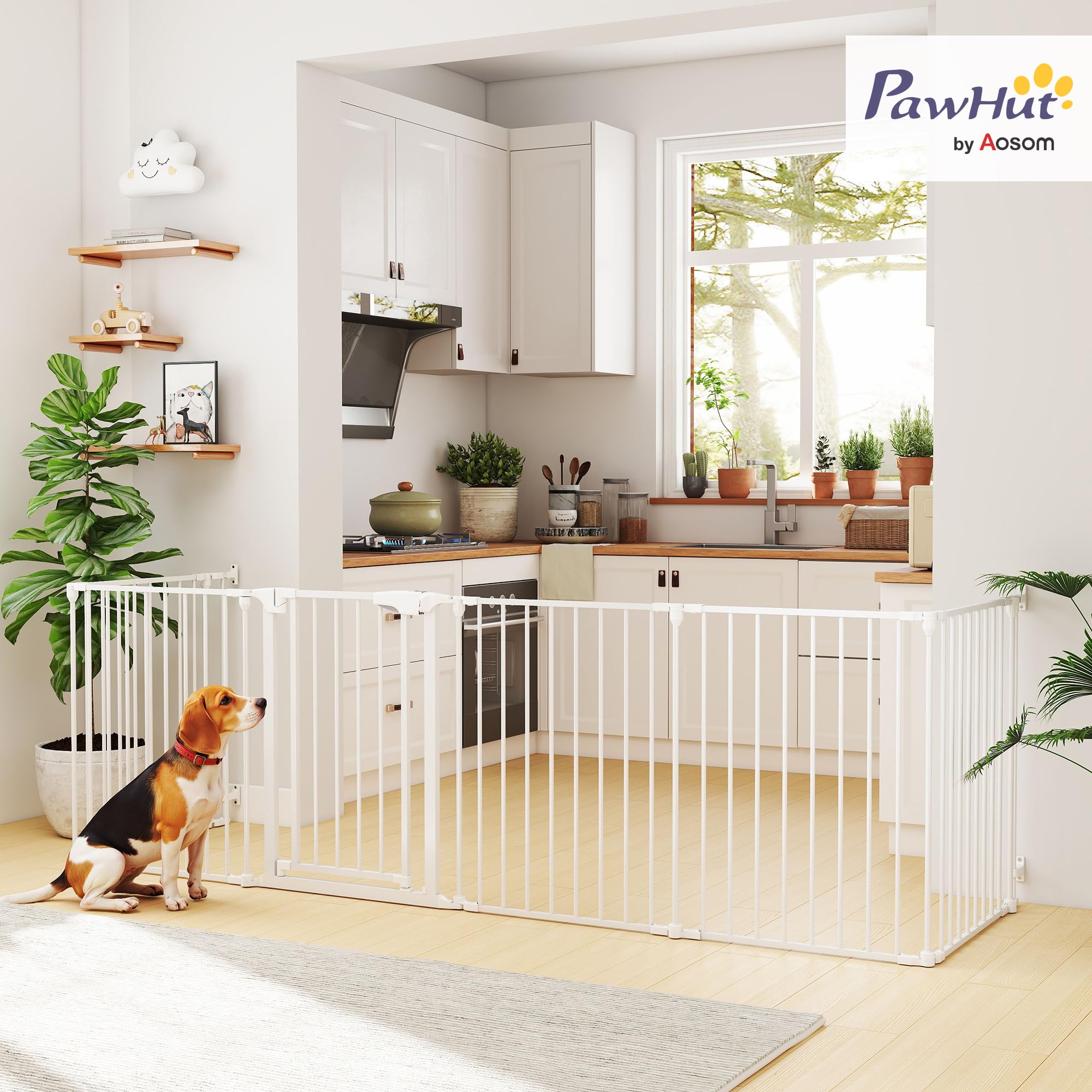 PawHut Barrière de sécurité Pliable et modulable, 366 cm, avec Porte à Double Verrouillage, Parc enclos pour Chien et Enfant, barrière de Protection cheminée en métal, 6 Panneaux, Blanc