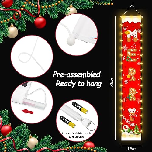 Miniatura 3 de Pancartas de decoración de Navidad para exteriores, pancarta roja colgante con patrón de galletas con tira de luces para decoración de fiesta de
