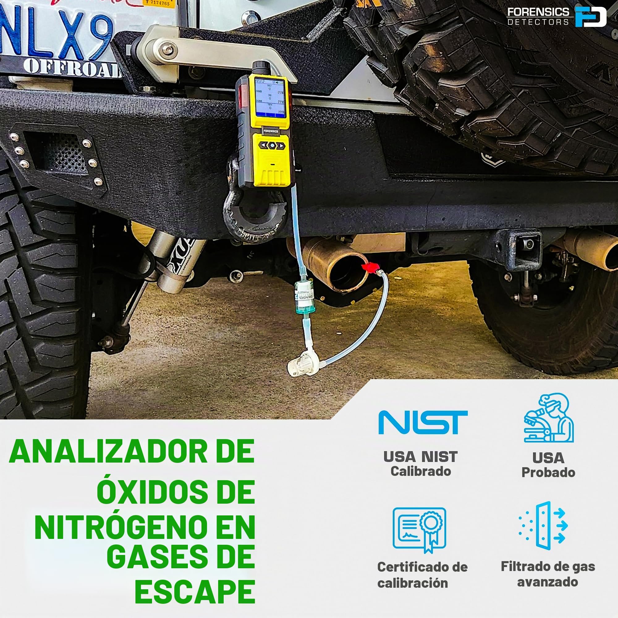 Analizador de Gases NOx | Certificado de Calibración EU | Automoción, Emisiones, Combustión y Contaminación | Bomba Integrada y Sonda de Escape con Filtros