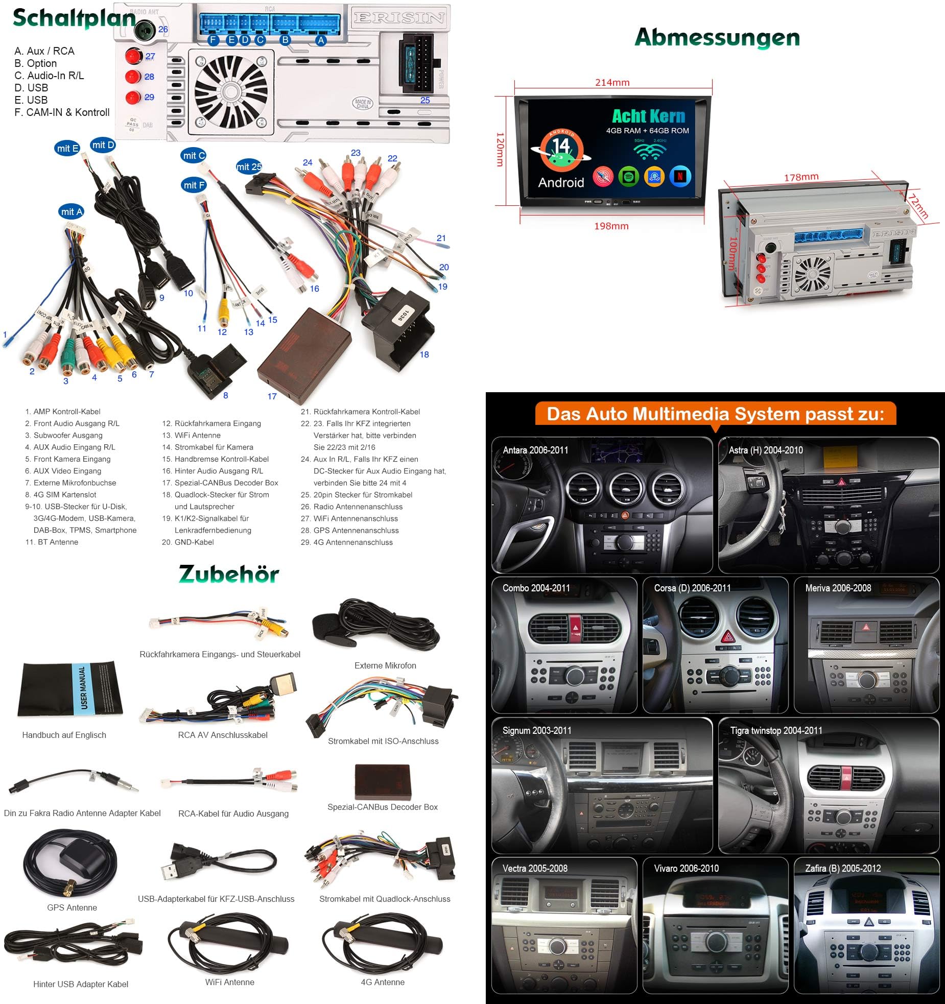Erisin 8-calowe ośmiordzeniowe radio samochodowe z systemem Android 13 DAB+, 4 GB + 64 GB, do Opel Astra H, Corsa D, Zafira, Meriva, Signum, Tigra, Vectra, z nawigacją GPS, CarPlay, Android, Auto WiFi