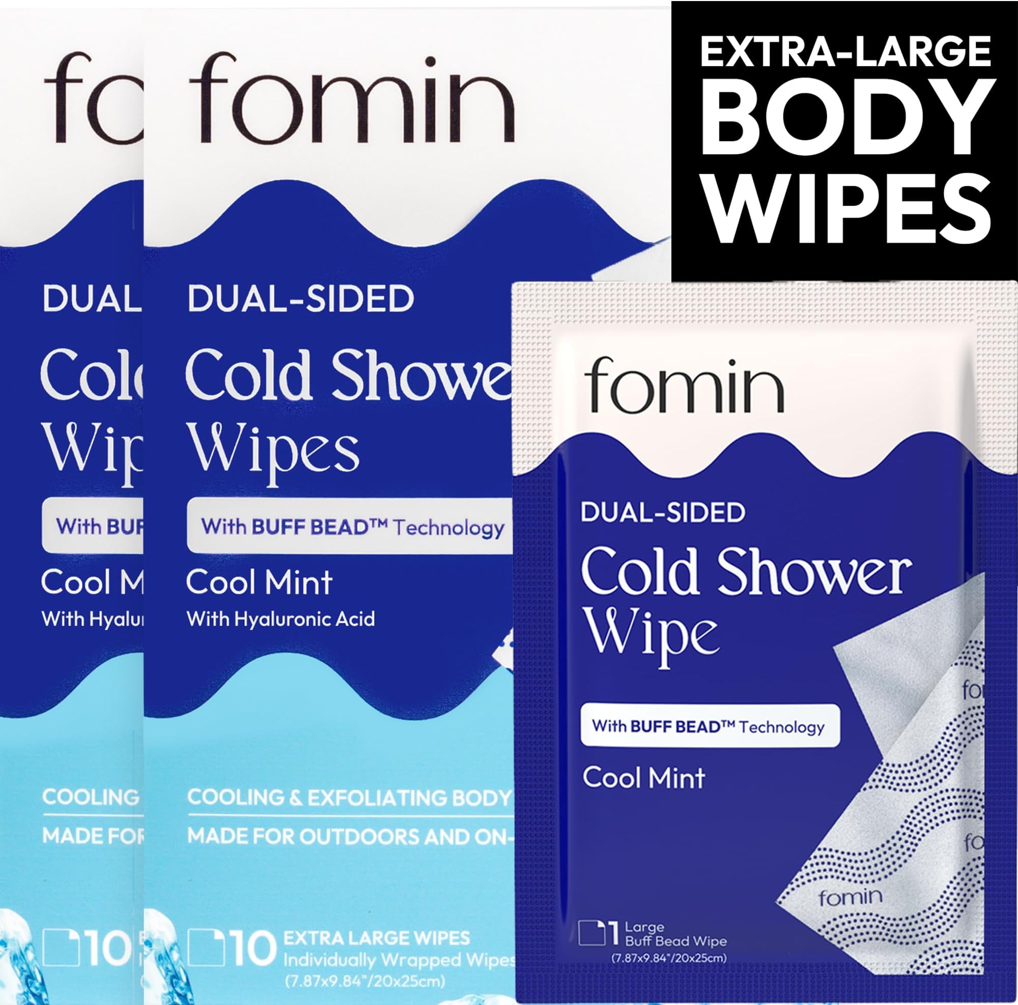 FOMIN Travel Cold Shower Wipes - 20 Pack - No Rinse XL Bathing Wipes with Vitamin E - Fragrance-Free Full Body Wipe for Adults - Individually Wrapped Waterless Bath Wipe for Hygiene, Camping, & Gym