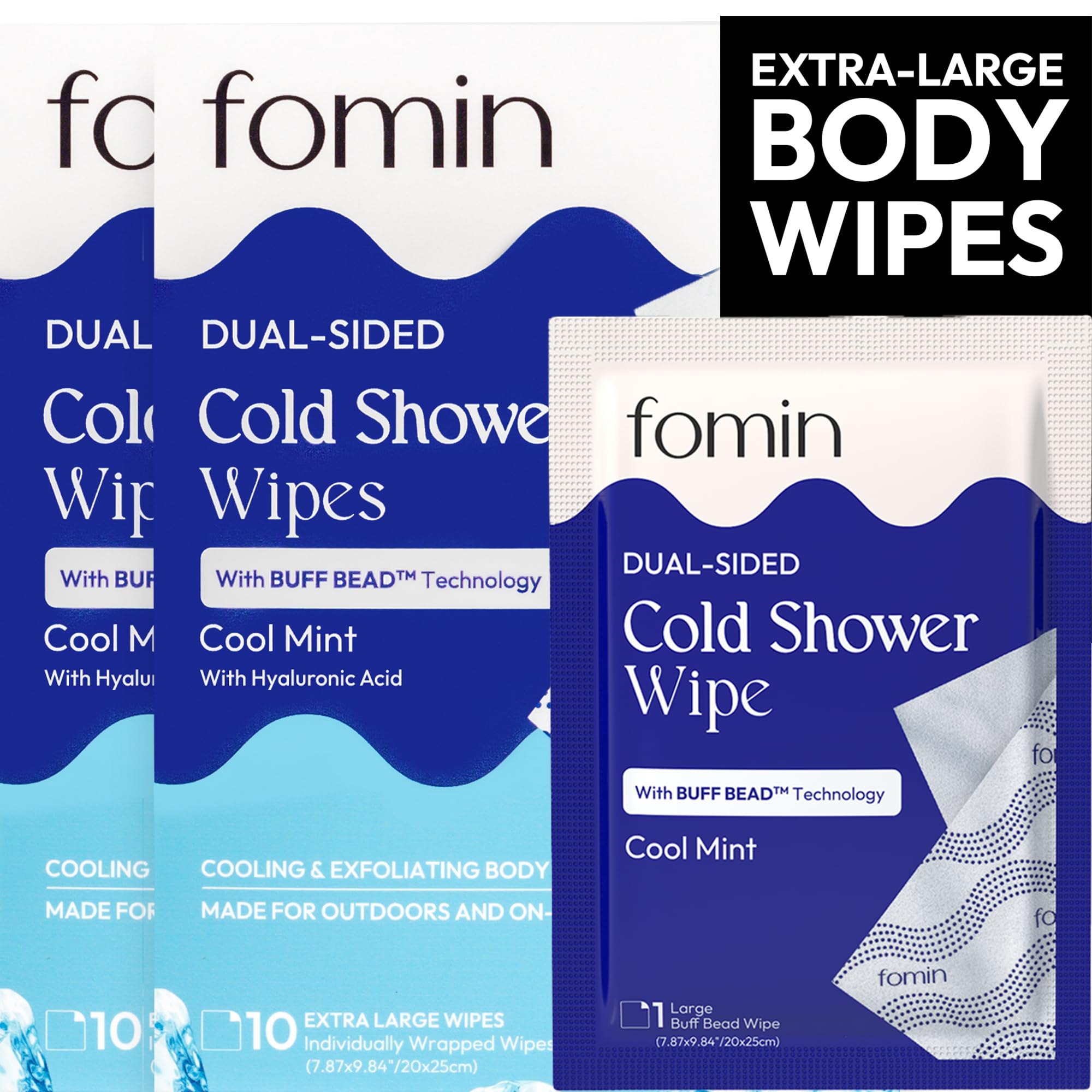 FOMINTravel Cold Shower Wipes - 20 Pack - No Rinse XL Bathing Wipes with Vitamin E - Fragrance-Free Full Body Wipe for Adults - Individually Wrapped Waterless Bath Wipe for Hygiene, Camping, & Gym