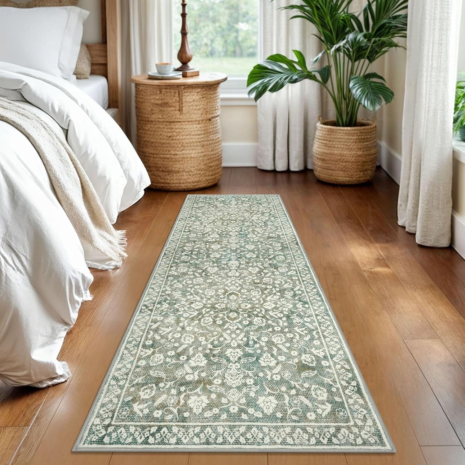 Vintage Washable Runner Rug 2x6, Sage Green Beige Runners for hallways, Super Soft Kitchen Runner Rug Non Slip, Printed Faux Wool Floral Thin Carpet Runner for Entryway Laundry Room Bedroom