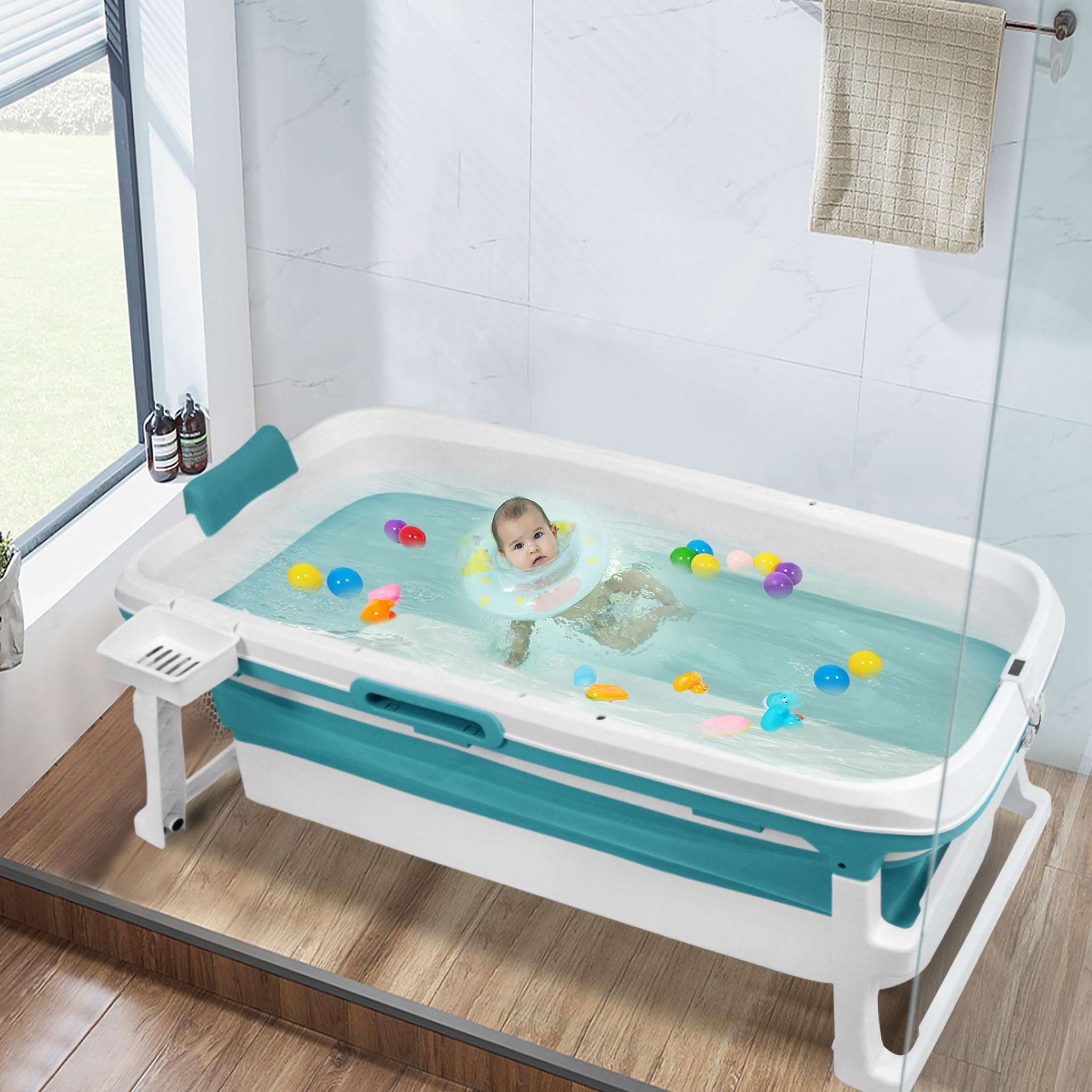LARS360 Badewanne Erwachsene Faltbare 149 x 64 x 54 cm Klappbare Mobile Badewanne mit abnehmbare Abdeckung, Thermometer, Massagerollen Lagerregal, Kissen, Blau