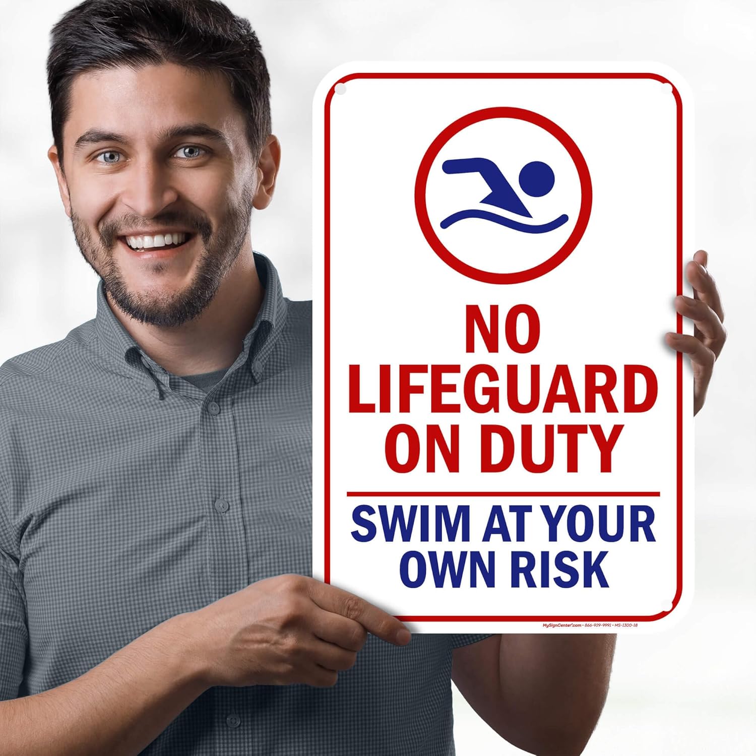 No Lifeguard on Duty Swim At Your Own Risk Sign, 12x18 Inches, 55 mil thick HDPE (high density polyethylene), Made in USA by My Sign Center