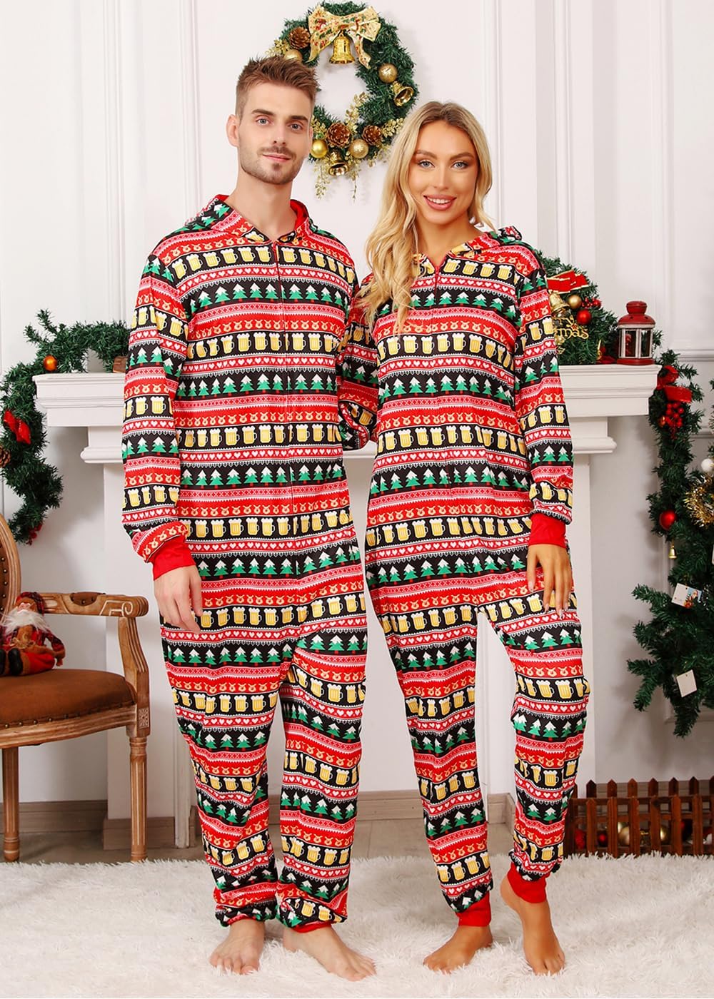 VNVNE Matching Christmas Onesie Pajamas Set for Family/Couples/Women/Men, One Piece Xmas Pjs Hooded Zipper Printed Sleepwear - Image 3