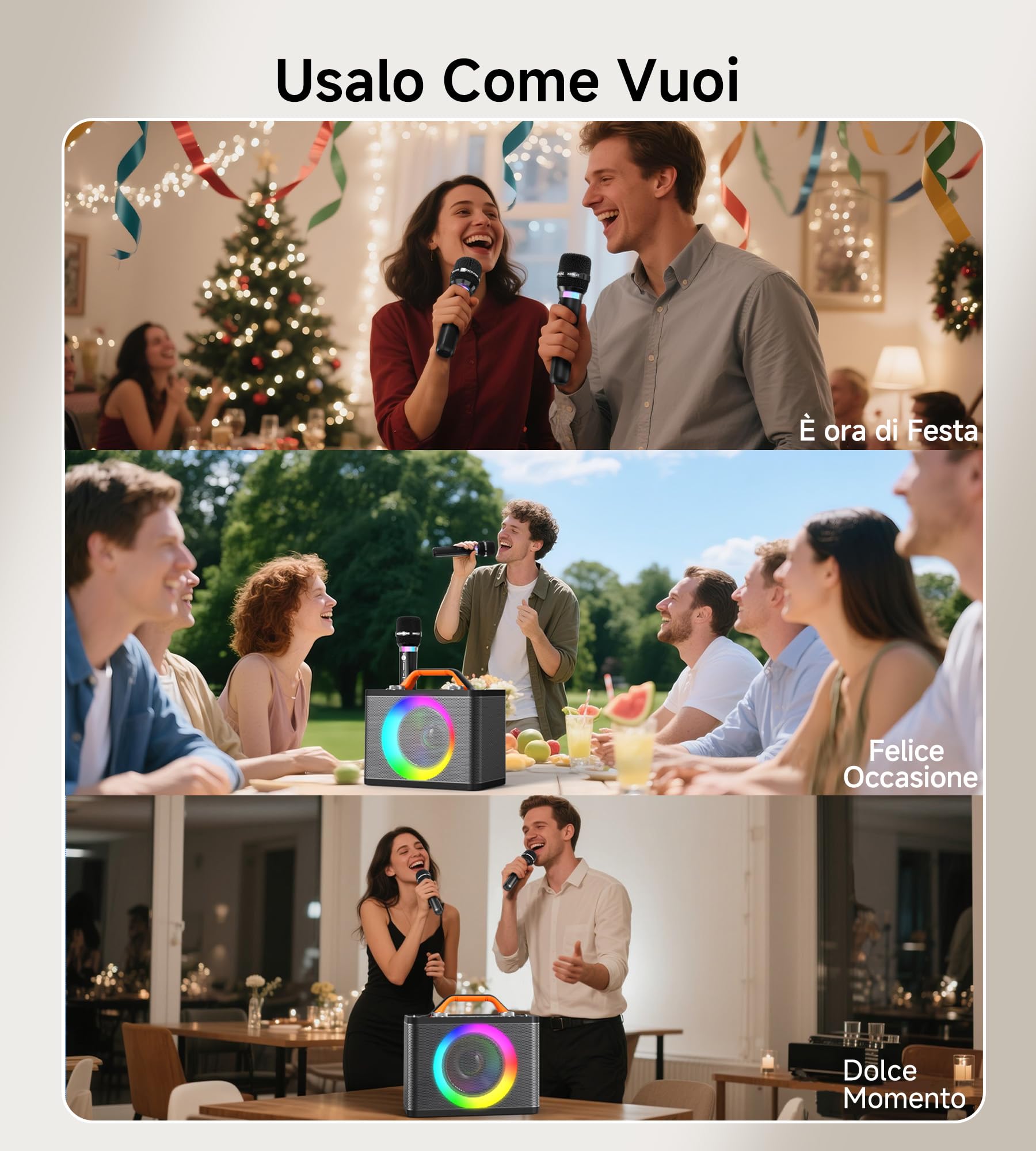 Macchina per karaoke con 2 microfoni wireless RGB, macchina per karaoke portatile da 5200 mAh con 10 modalità RGB, pannello di controllo indipendente, riproduzione 13H (Black x)