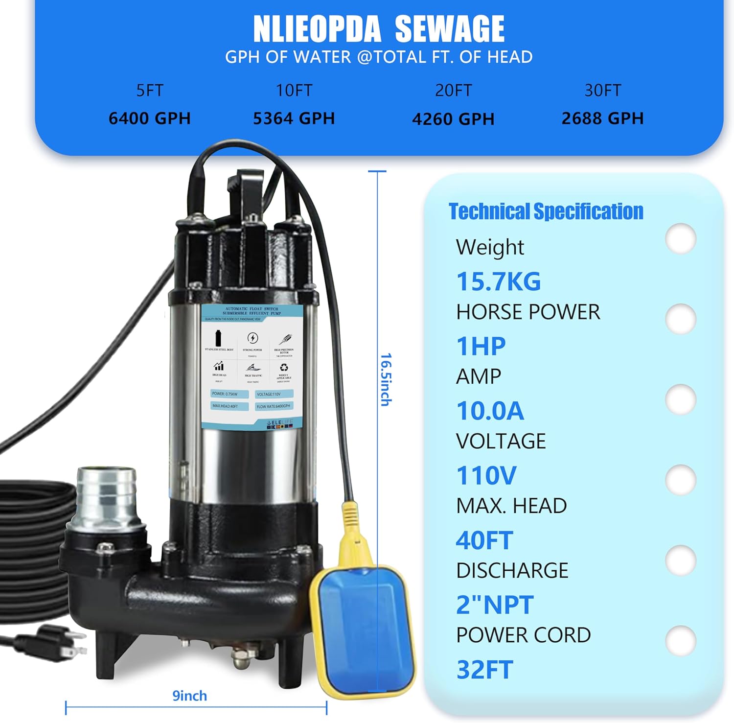 1HP Sewage Grinder Pump Submersible Effluent Pump, Sump Pump 110V 6400GPH with Automatic Float Switch,Stainless steel body and reamer.2'' NPT Discharge for Basement, Sump Basin.