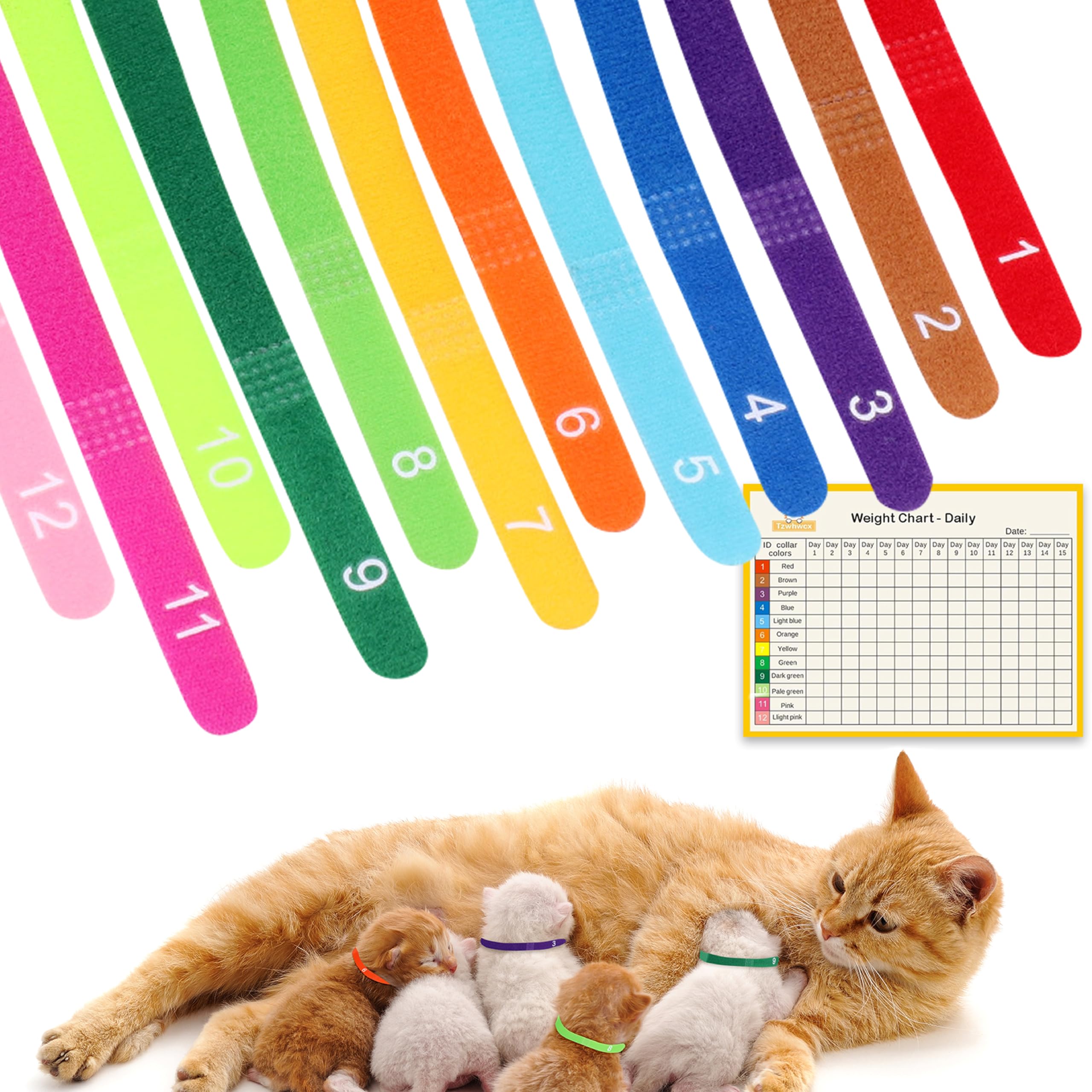 Newborn Puppy Collar Set of 12 with Numbered Tags &amp; Weight Tracker Chart, Soft Adjustable Kitten Collar, Puppy Collars for Litter, Whelping Supplies for Kitten Small Dogs (S/M/L) (S)