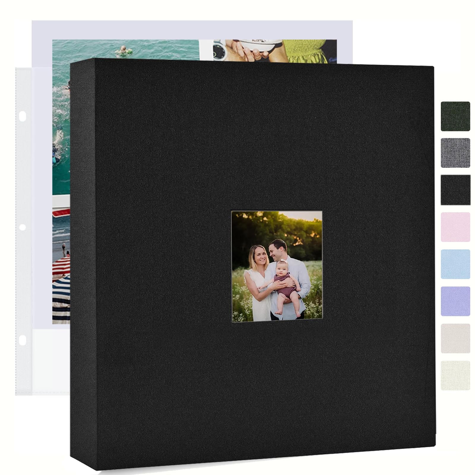 J.west Álbum de fotos de 12 x 12 pulgadas con 30 fundas de plástico, 60 páginas en blanco, cubierta de lino, carpeta grande de 3 anillas, álbum de fotos de boda, álbum de fotos, libro de recuerdos