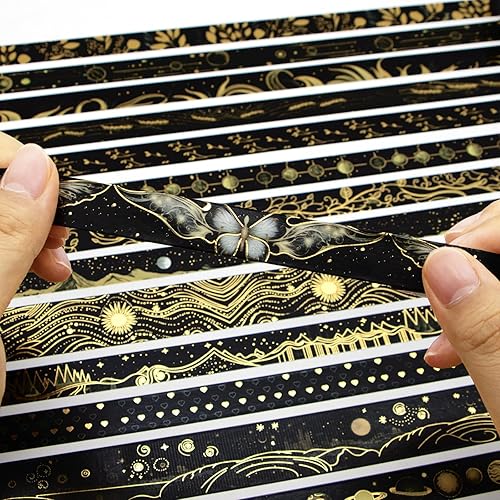 Miniatura 6 de Juego de cinta washi negra, 27 rollos de cinta adhesiva decorativa de lámina dorada negra para diario de viñetas, suministros de álbumes de
