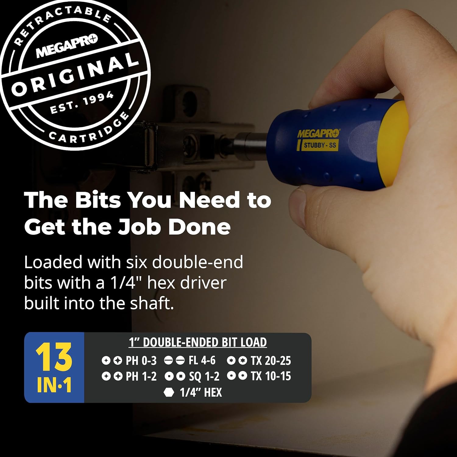 MEGAPRO® 13-in-1 Stubby Multi-Bit Screwdriver | Compact Driver | Small Screwdrive | Multi-bit Screwdriver for Tight Spaces