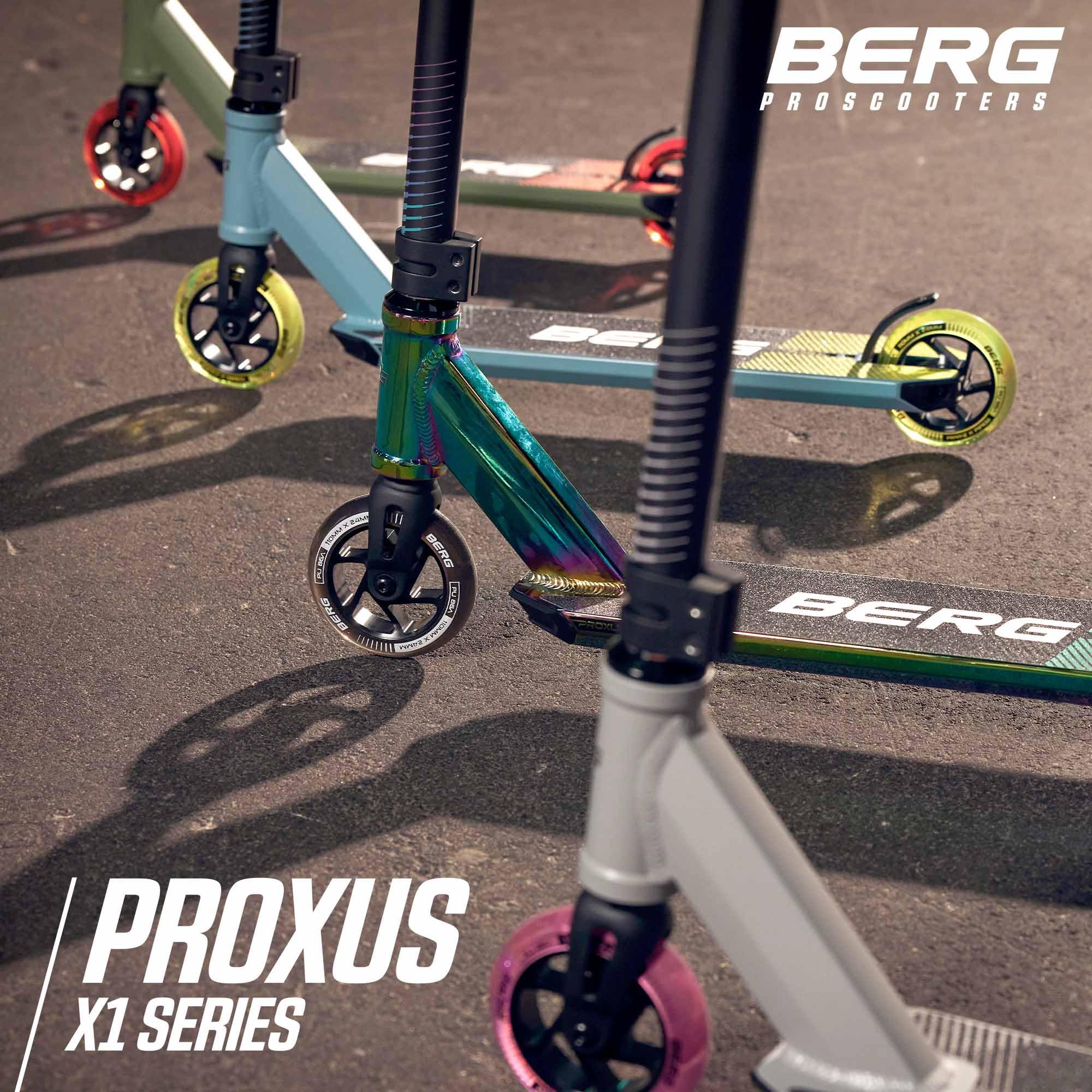 BERG Proxus X1 Monopattino per bambini | Freestyle Scooter per skatepark e strada | ponte in alluminio 500 mm | ruote da 110 mm | cuscinetti ABEC 9 | Compressione IHC | Leggero e stabile (blu)