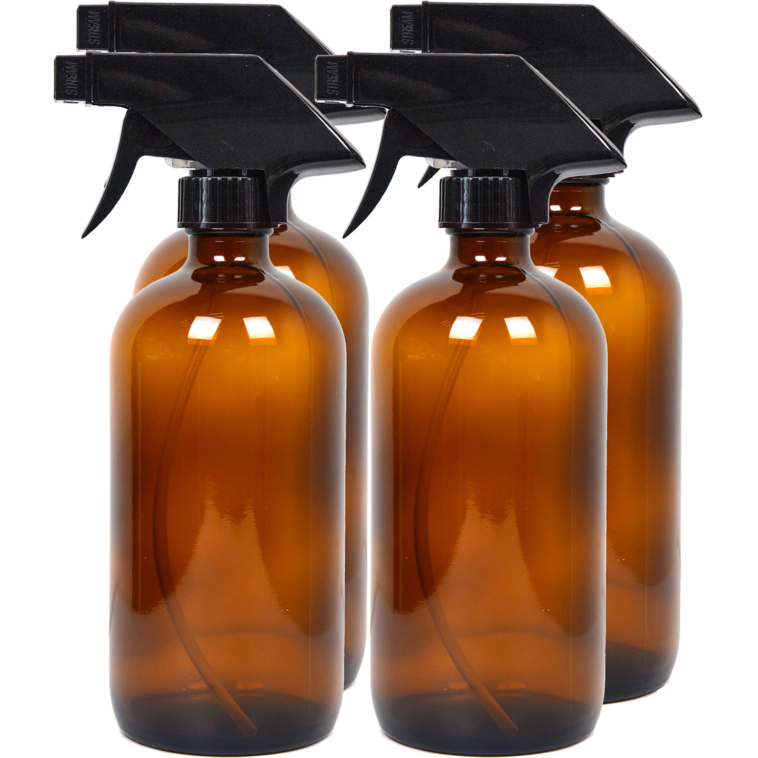 Youngever 4 Pack 500ML Empty Amber Glass Spray Bottles, Refillable Container for Essential Oils, Cleaning Products, or Aromatherapy, Trigger Sprayer with Mist and Stream Settings