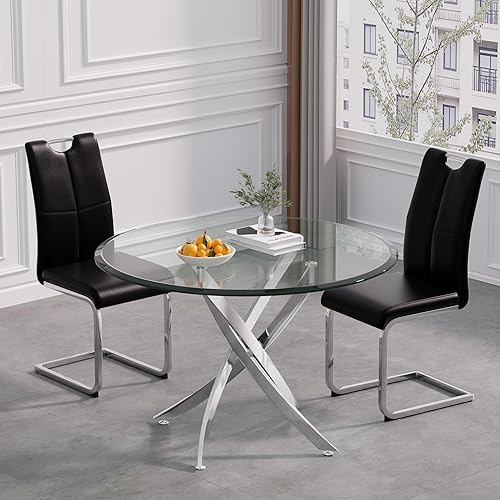 Miniatura 3 de Mesa de comedor redonda de 36 pulgadas para 4, mesas de cocina y comedor de cristal, moderna mesa de comedor circular con mesa de vidrio templado de