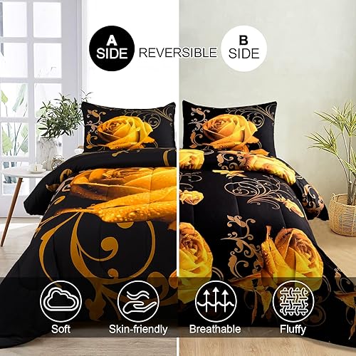 Miniatura 2 de WONGS BEDDING Juego de edredón amarillo tamaño Queen reversible con patrón de rosas amarillas con 2 fundas de almohada para todas las estaciones,