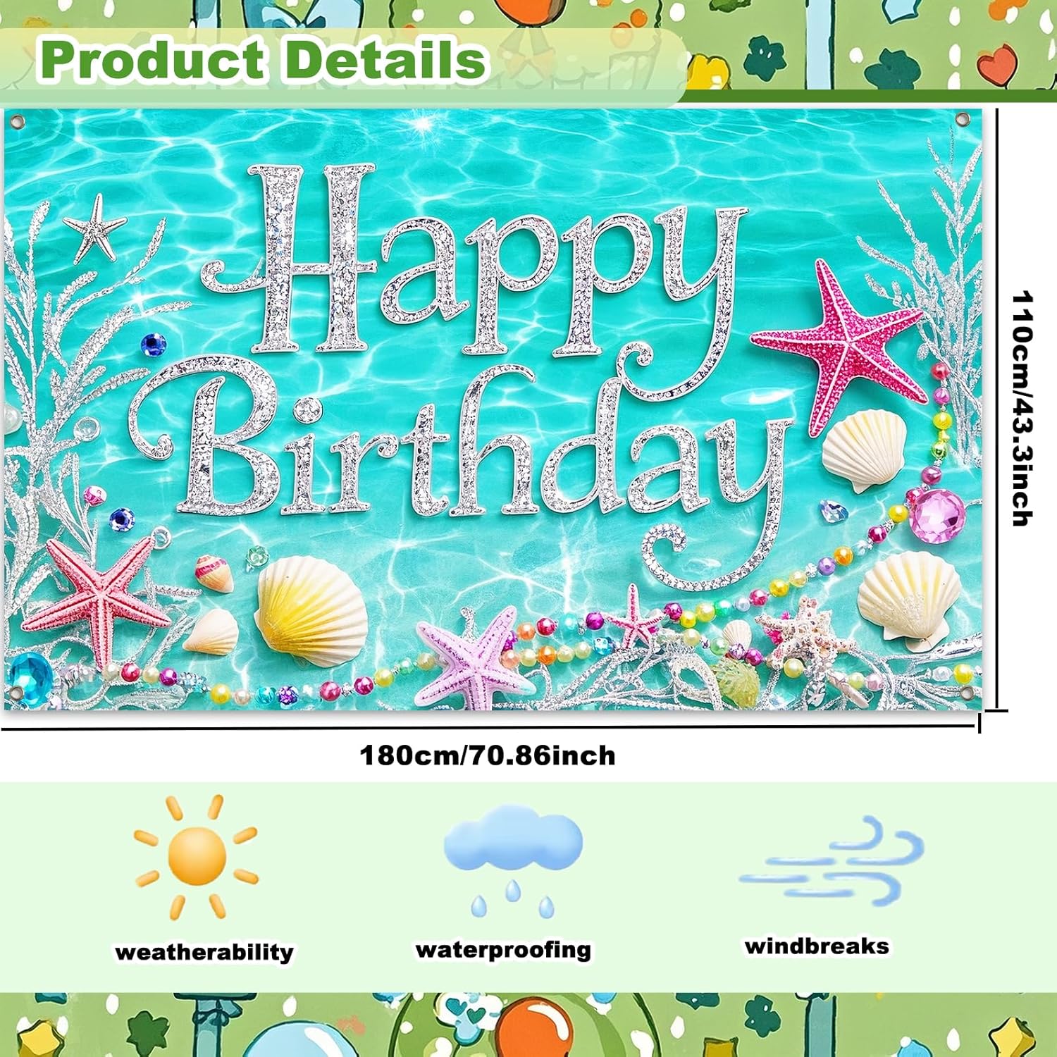 IVN Happy Birthday Backdrop Banner 71x43 Inch Aqua Blue Ocean Theme Birthday Party Decorations Photography Background Photo Booth Props for Women Girls - Image 3