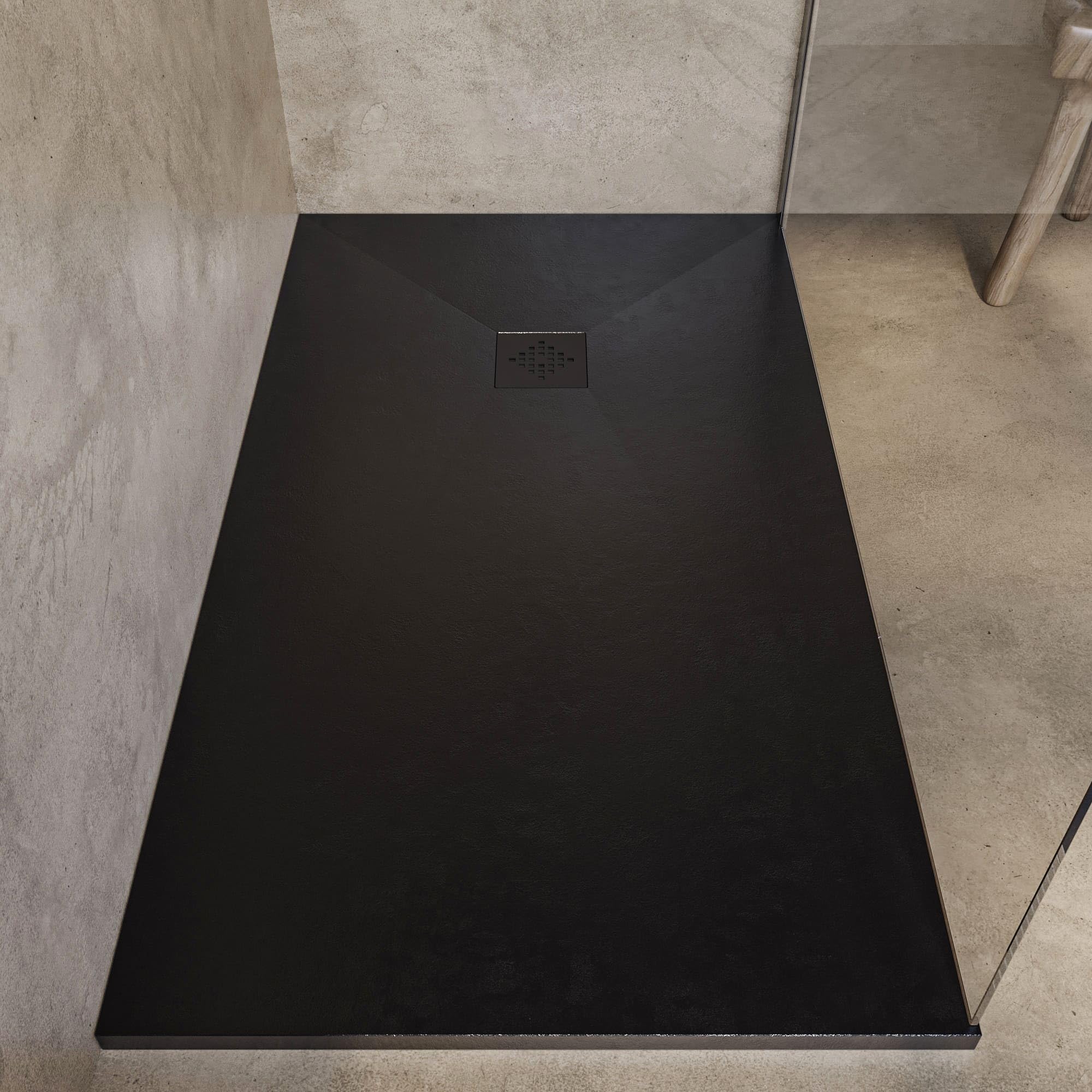 SOULHOME Plato de Ducha - Resina - Gel Coat - Textura Liso Seda - Antideslizante - Color Negro - 90x80- Extraplano 3cm. Incluye Válvula de desagüe - REJILLA MISMO COLOR