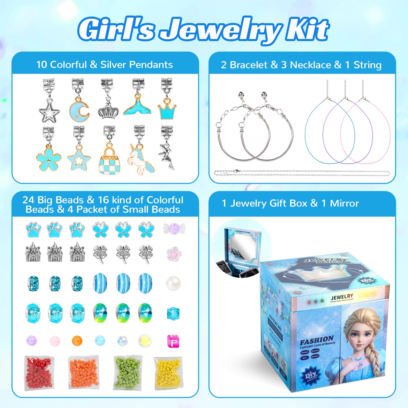 JeeMoien kit creazione braccialetti ciondoli per bambine 5,6,7,8-12, kit braccialetti amicizia con scatola portagioie, regalo compleanno blu per bimbe 6-11 anni