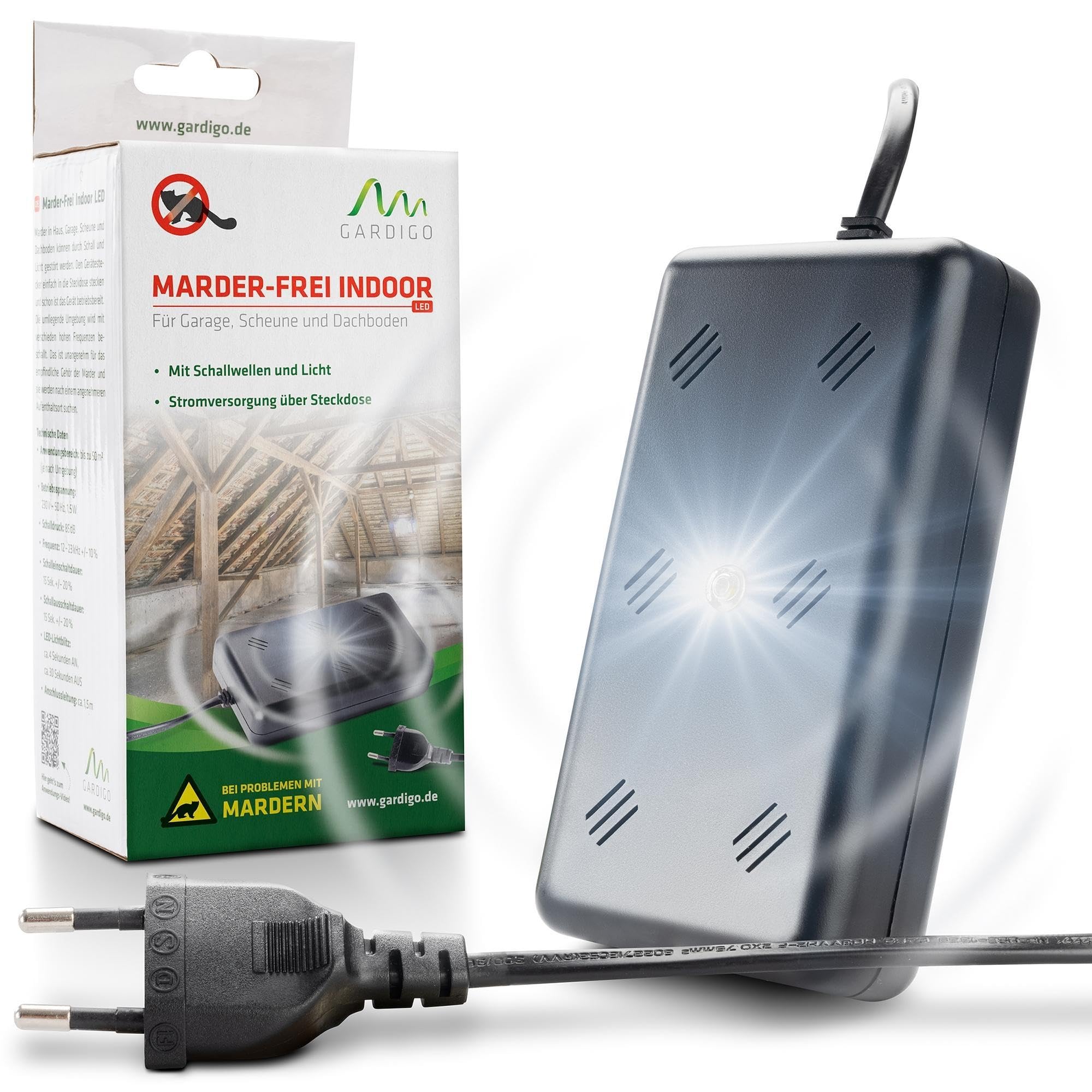 Gardigo® Marder-Frei Indoor LED für Marderabwehr | Marderschreck Haus, Garage, Scheune, Stall und Carport I 230 V mit Netzstecker | LED Blitz-Licht | Ultraschall Frequenzen| Marderschutz Dachboden
